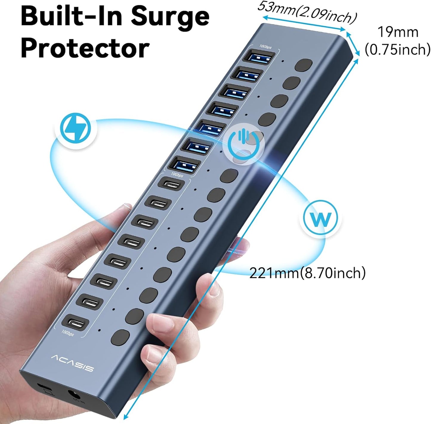 ACASIS 16-Port USB Hubs USB 3.2 Hub with 8 USB-A & USB-C Ports, Blue, for NEW