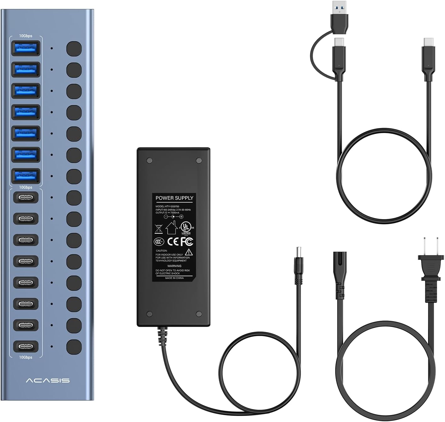ACASIS 16-Port USB Hubs USB 3.2 Hub with 8 USB-A & USB-C Ports, Blue, for NEW