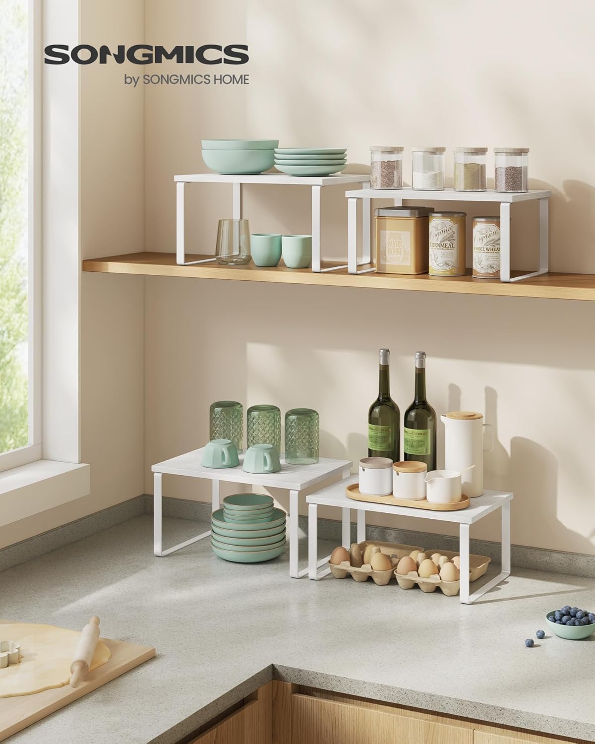 SONGMICS Kitchen Organizer Spice Rack Set of 2 Cupboard Storage Shelves Cloud