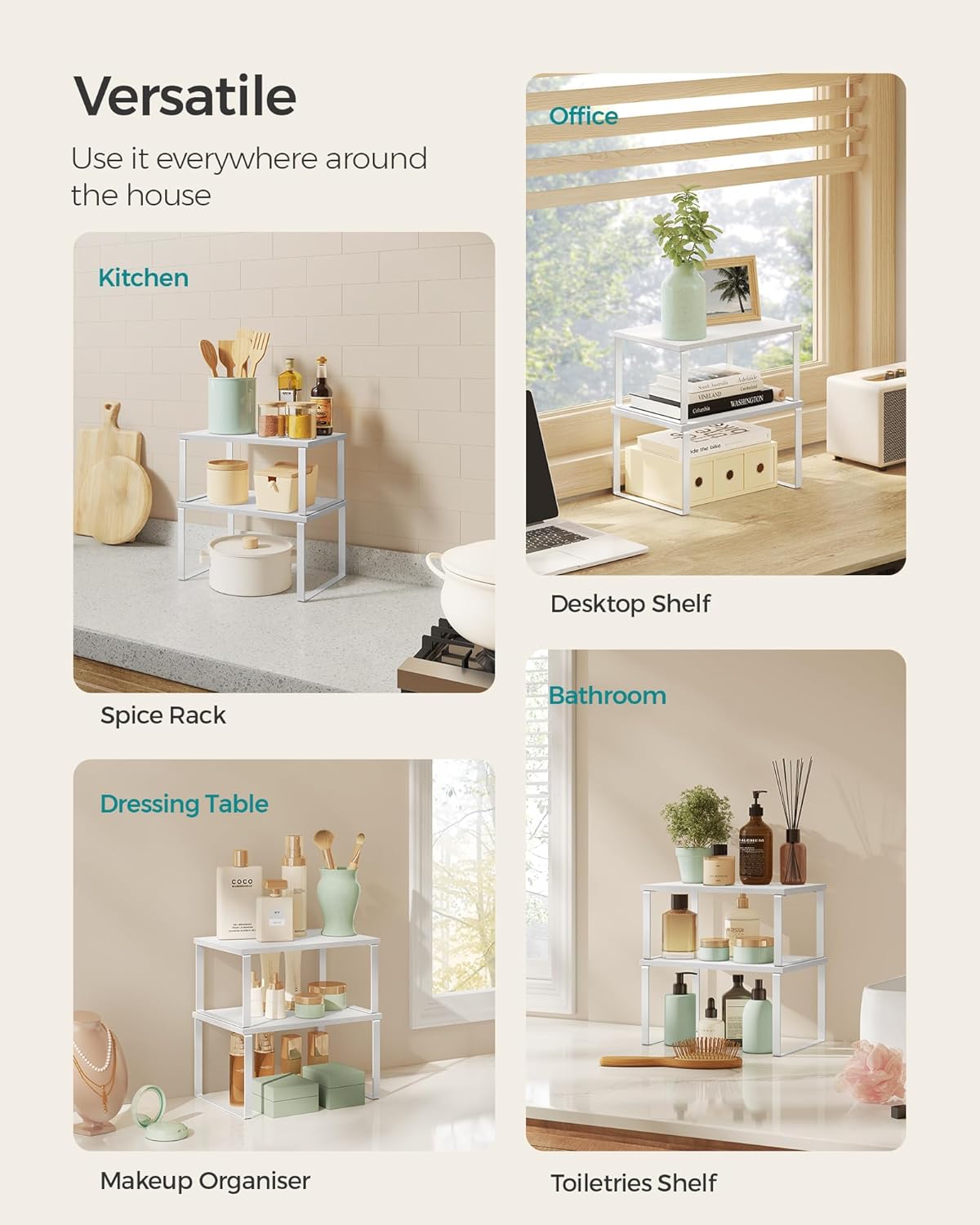 SONGMICS Kitchen Organizer Spice Rack Set of 2 Cupboard Storage Shelves Cloud