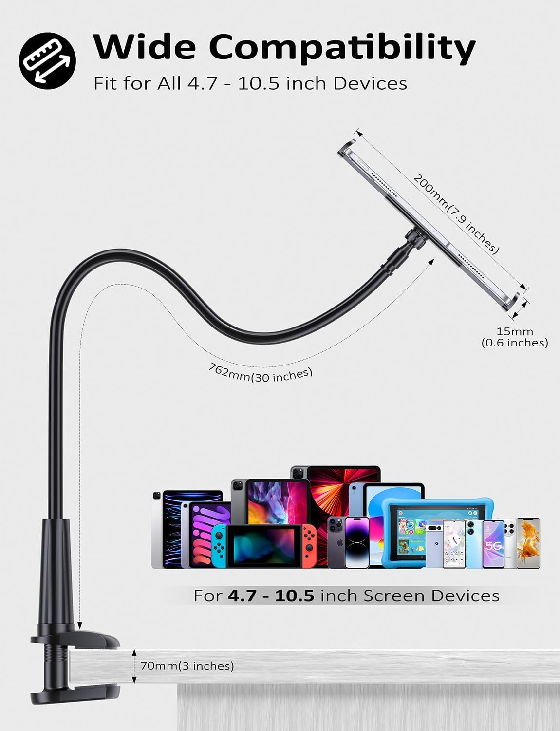 Tryone Adjustable Stands Flexible Gooseneck Tablet Holder Stand for Bed, NEW