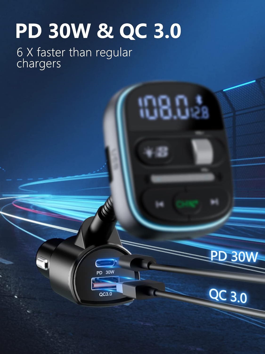LENCENT 30W Input Adapters Bluetooth FM Transmitter Car Adapter with QC3.0 NEW