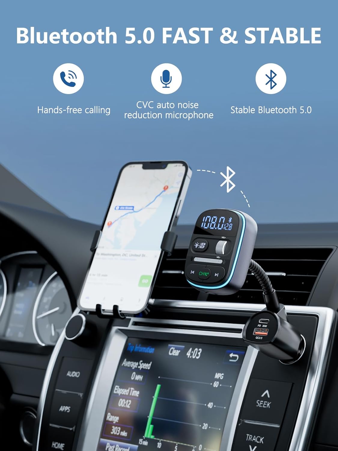 LENCENT 30W Input Adapters Bluetooth FM Transmitter Car Adapter with QC3.0 NEW