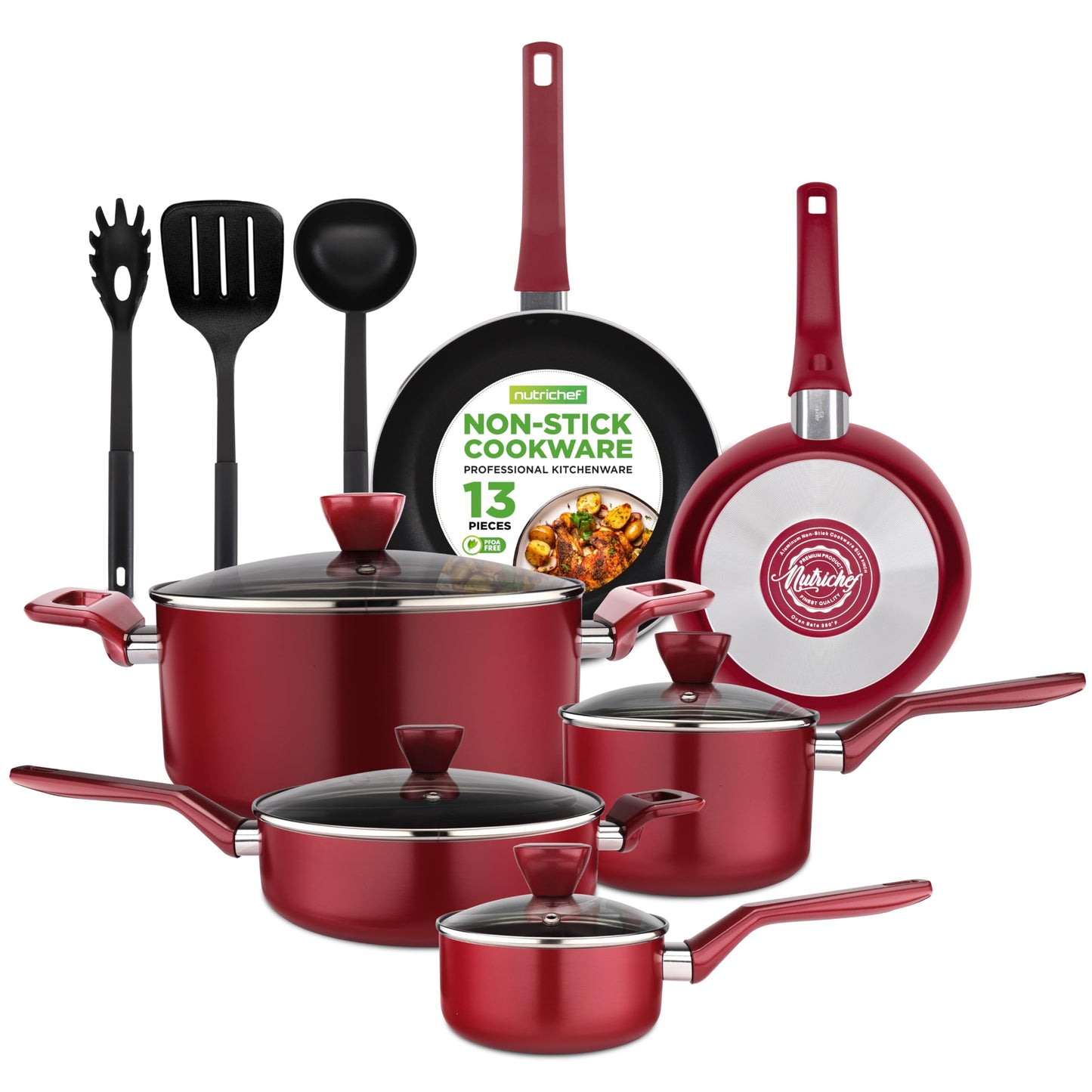 NutriChef 13-Piece Nonstick Cookware Set - PFOA-Free Pots, Pans, Lids, Red DEMO
