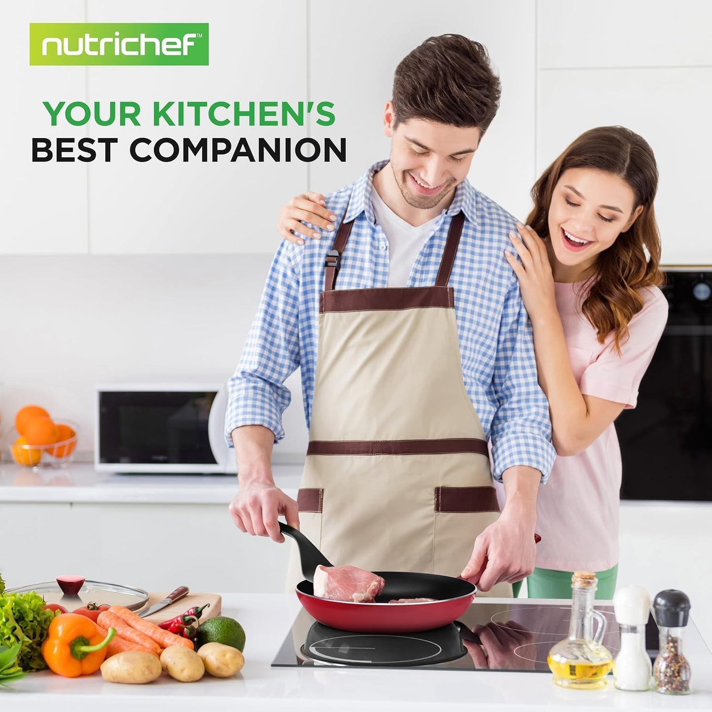 NutriChef 13-Piece Nonstick Cookware Set - PFOA-Free Pots, Pans, Lids, Red DEMO