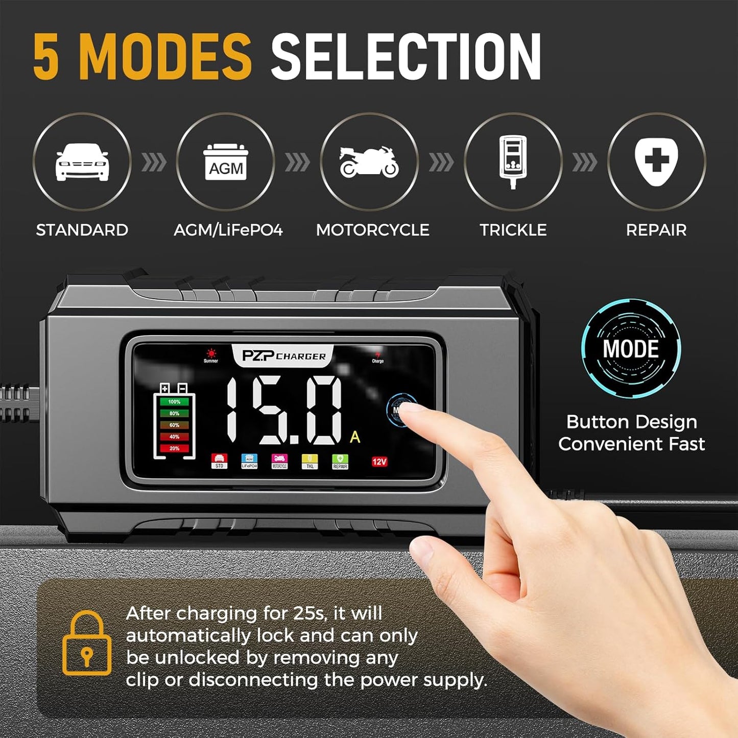 PZ.P 15-Amp Smart Battery Charger and Maintainer for 12V/24V Vehicles DEMO