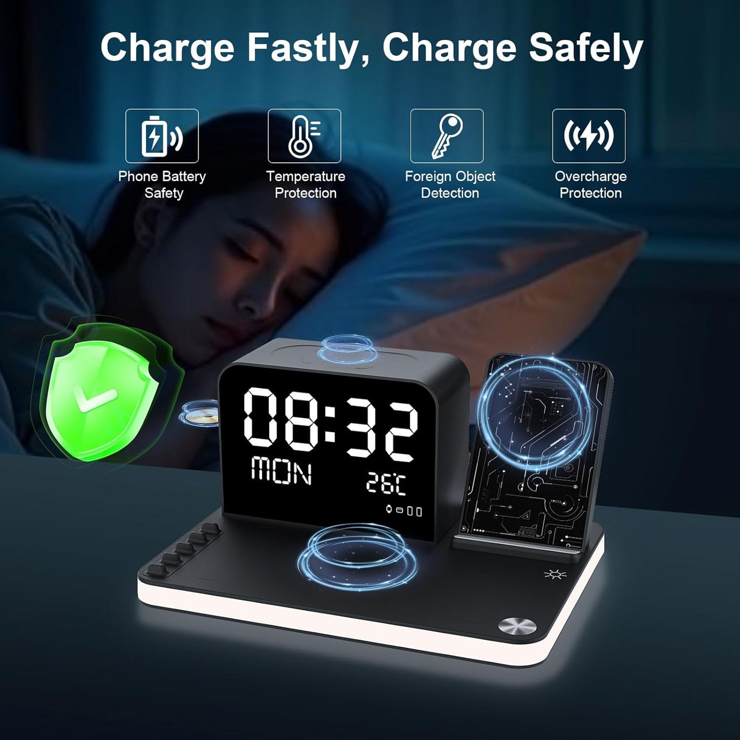soyes 7-in-1 Induction Chargers Wireless Charging Station with Clock, DEMO