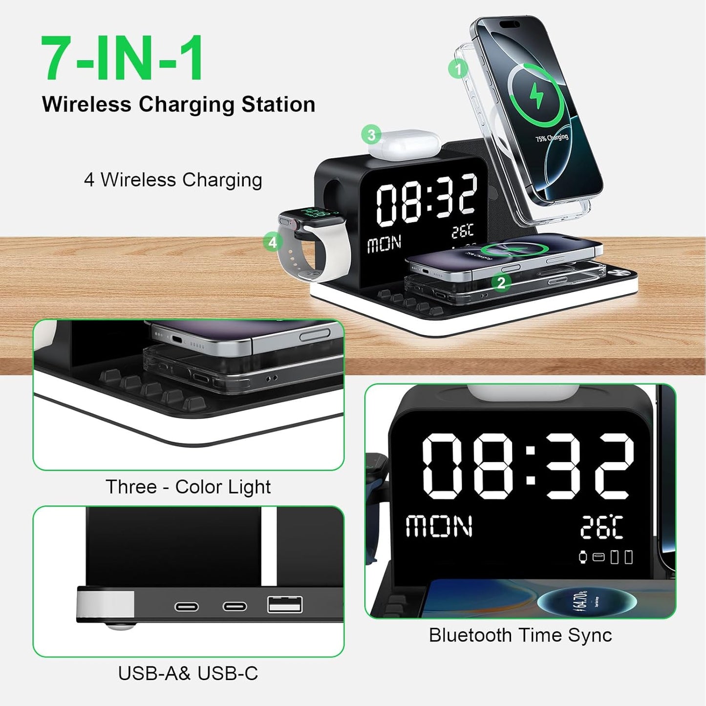soyes 7-in-1 Induction Chargers Wireless Charging Station with Clock, DEMO