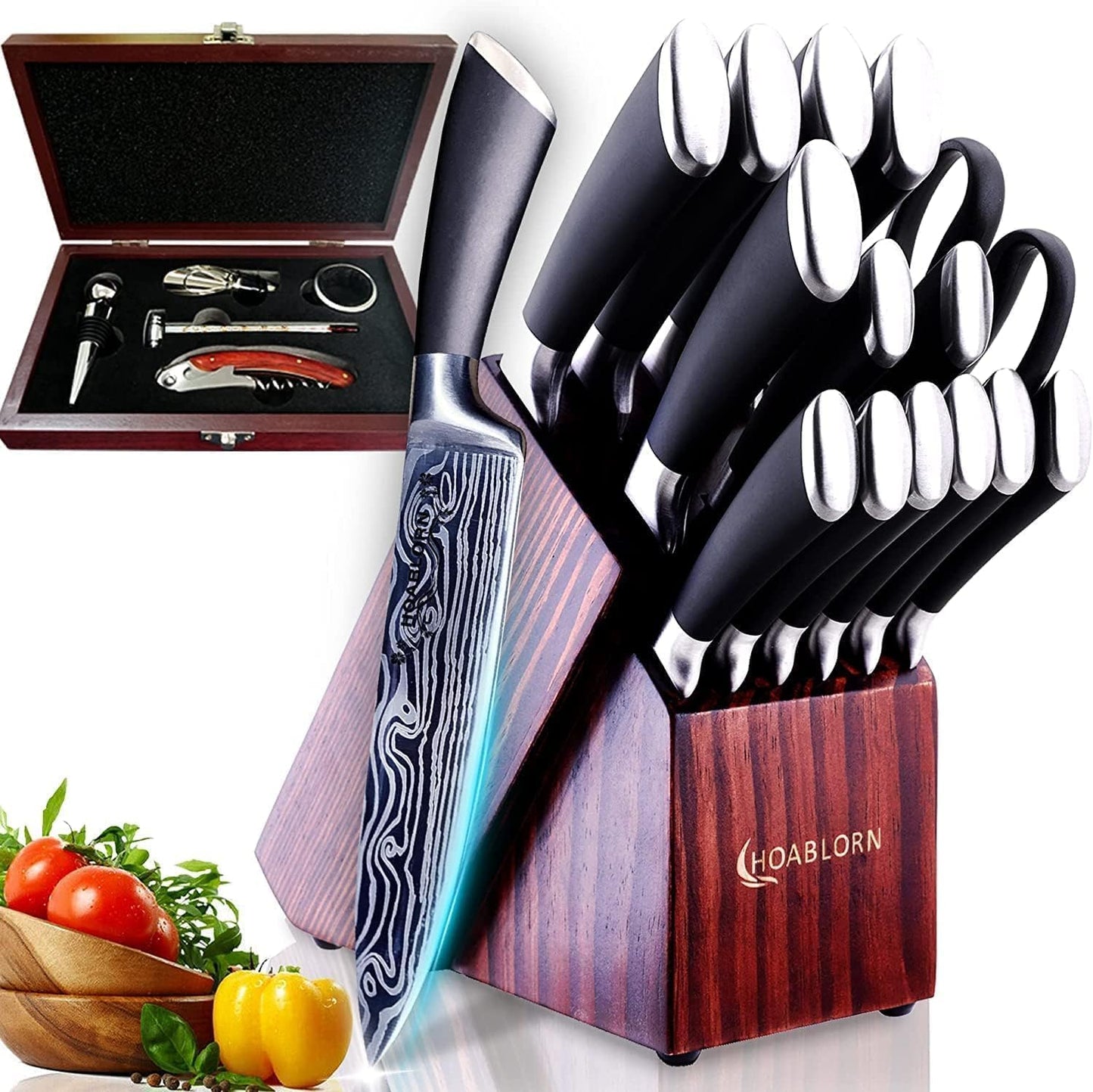 ChefHoablorn 15-Piece Professional Stainless Steel Knife Set with Block DEMO