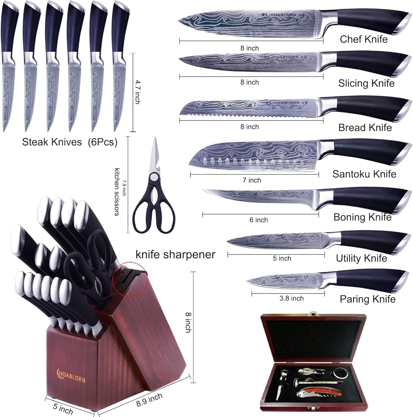 ChefHoablorn 15-Piece Professional Stainless Steel Knife Set with Block DEMO