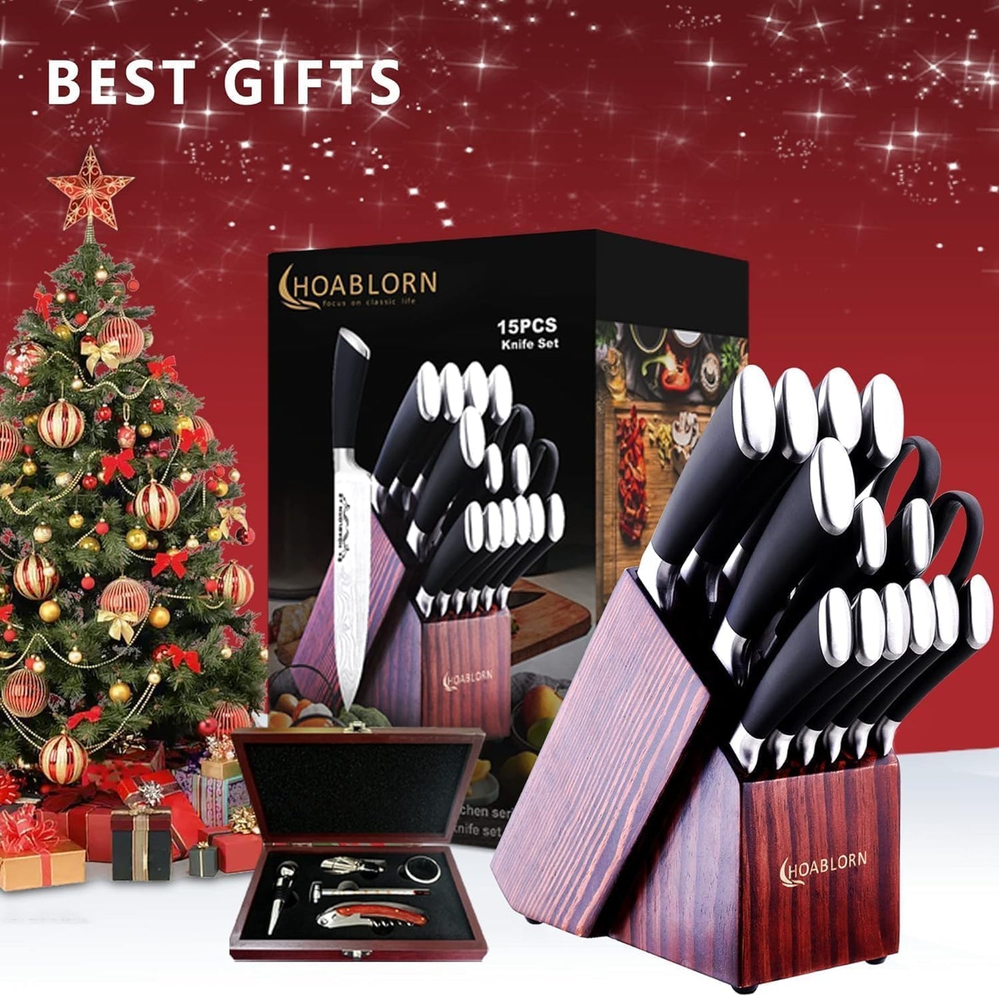 ChefHoablorn 15-Piece Professional Stainless Steel Knife Set with Block DEMO