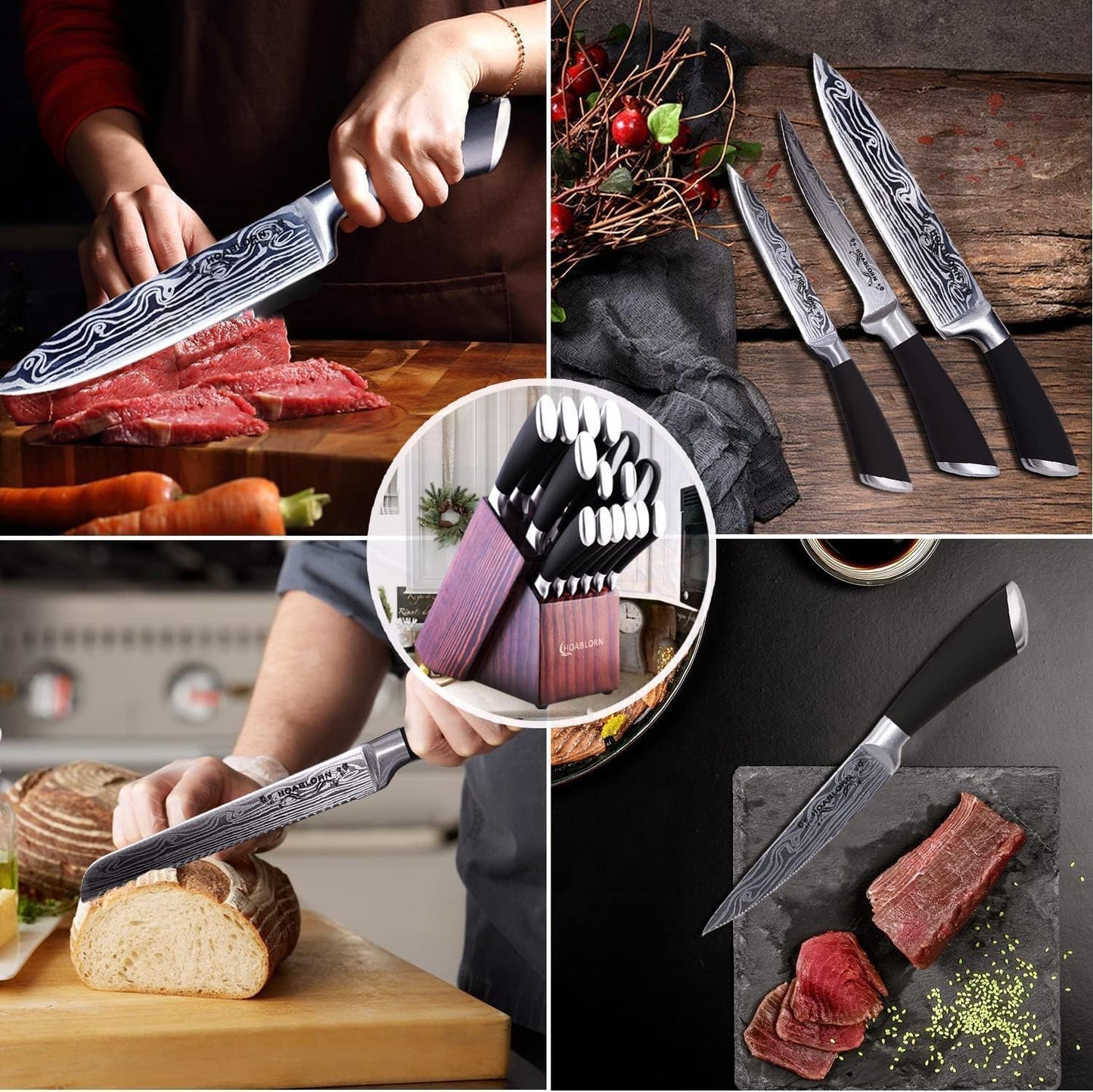 ChefHoablorn 15-Piece Professional Stainless Steel Knife Set with Block DEMO