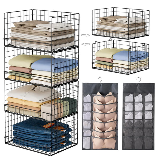 Wuciray Stackable Open Storage Bins, Folding Wire Basket Drawers, Black DEMO