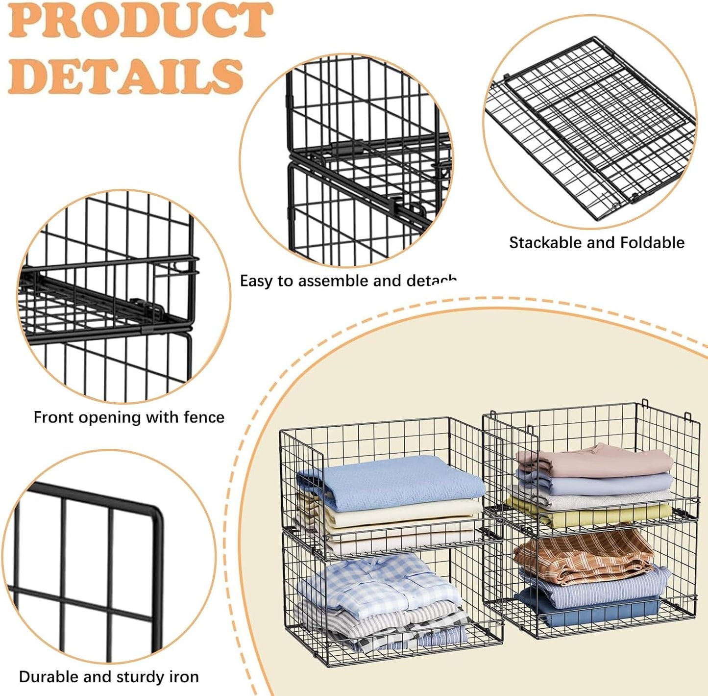 Wuciray Stackable Open Storage Bins, Folding Wire Basket Drawers, Black DEMO