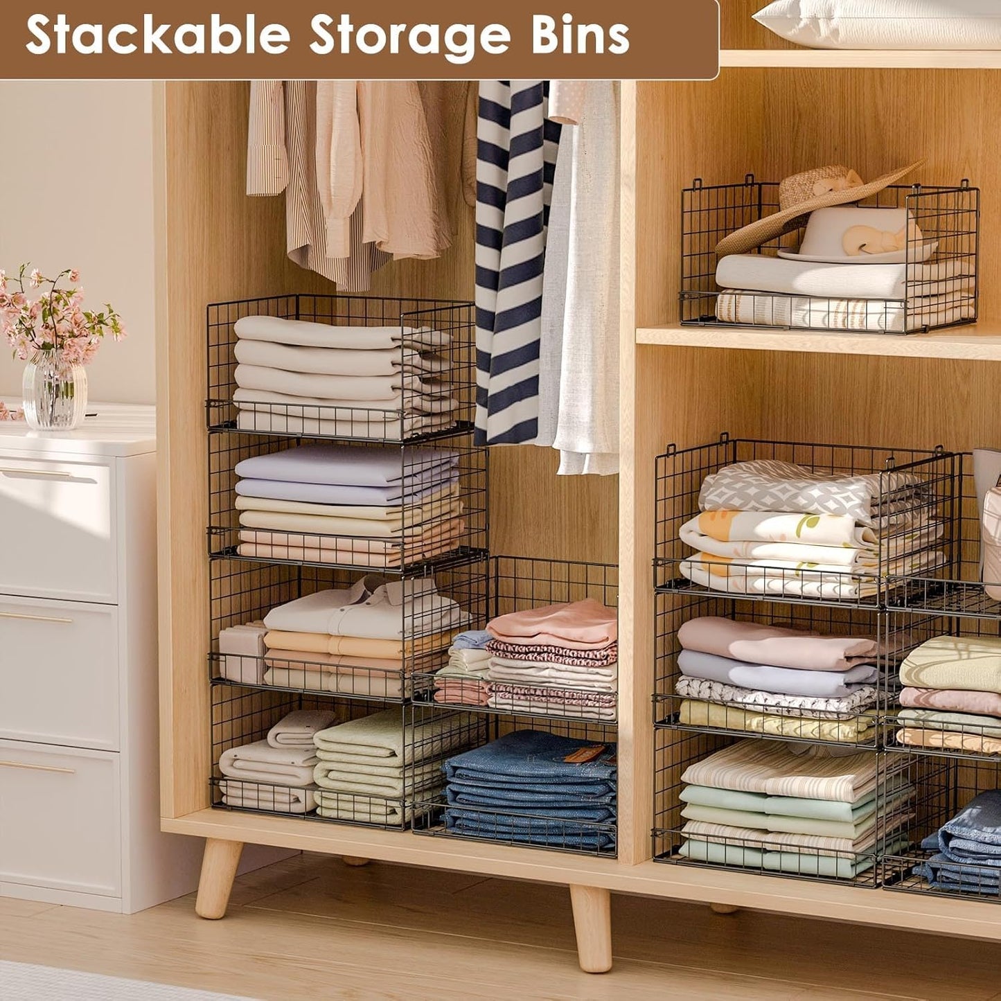 Wuciray Stackable Open Storage Bins, Folding Wire Basket Drawers, Black DEMO