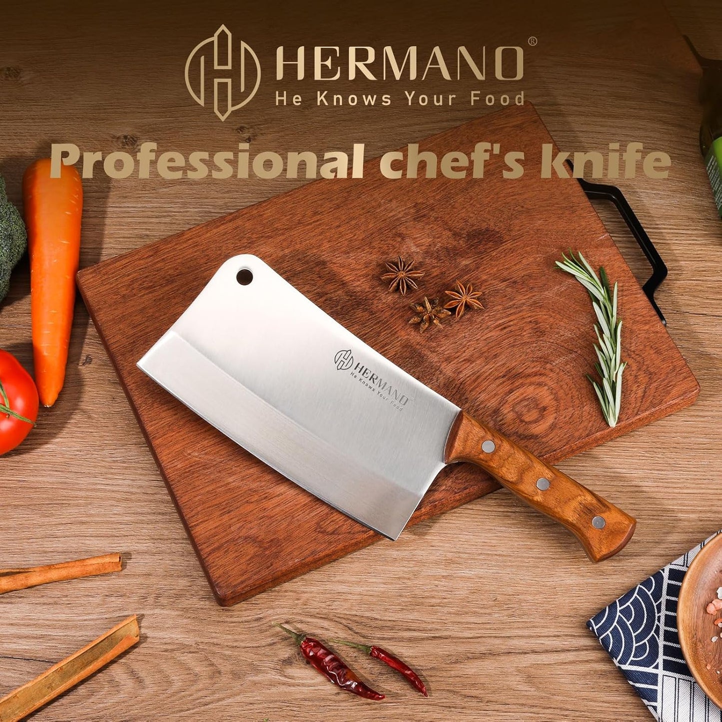 HERMANO 8 Inch Stainless Steel Chef's Knife - High-Quality Silver Chopping DEMO