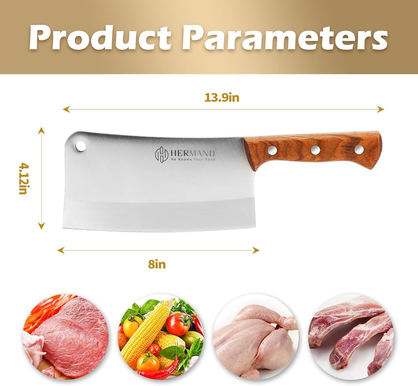 HERMANO 8 Inch Stainless Steel Chef's Knife - High-Quality Silver Chopping DEMO
