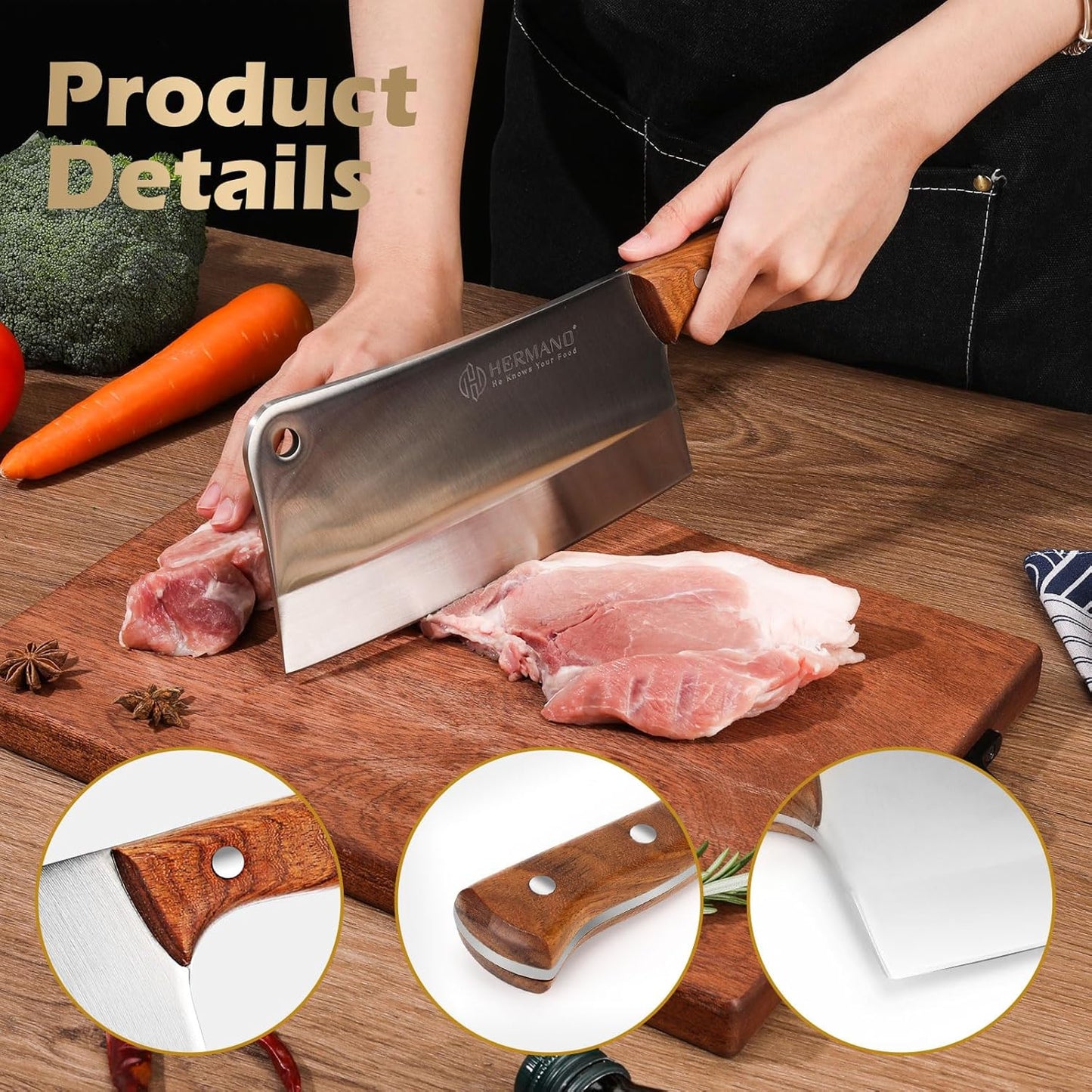 HERMANO 8 Inch Stainless Steel Chef's Knife - High-Quality Silver Chopping DEMO