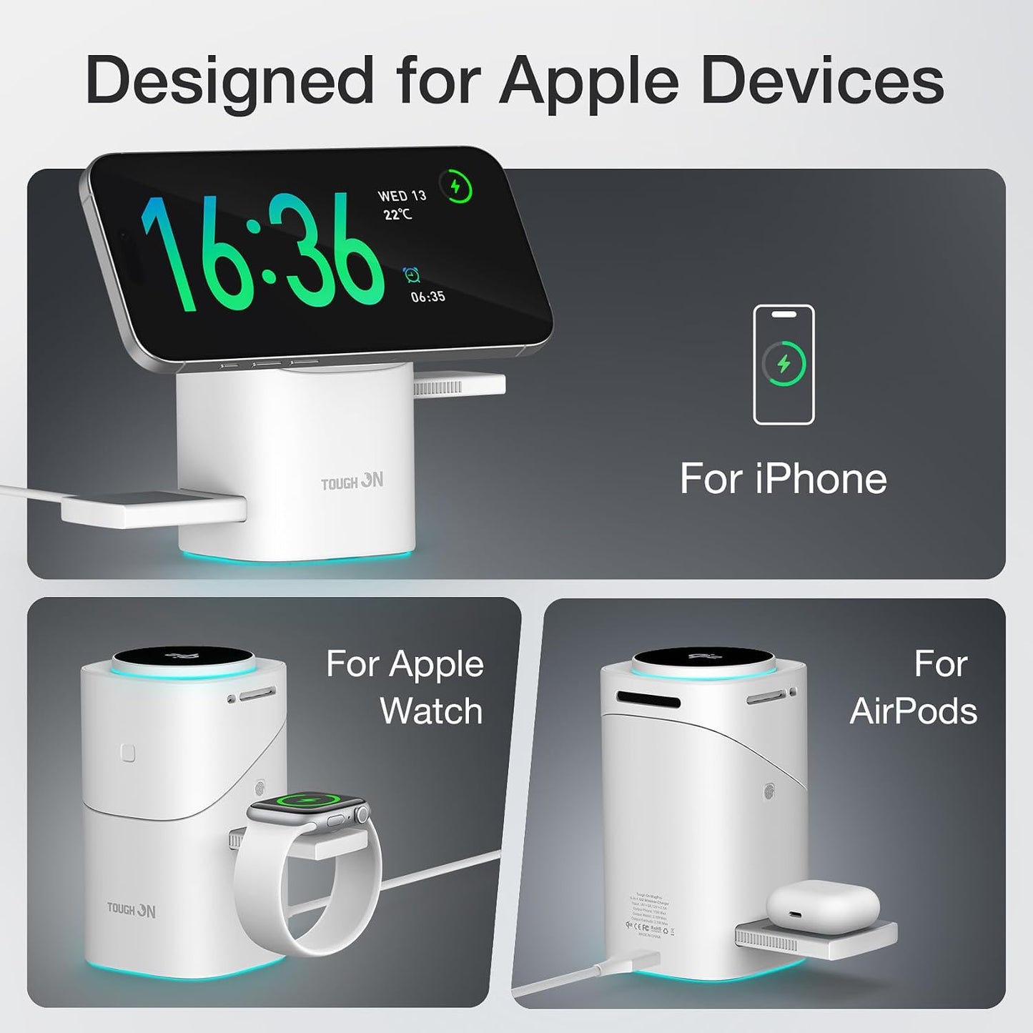 TOUGH ON Induction Chargers Qi2 3-in-1 Wireless Charging Station for DEMO