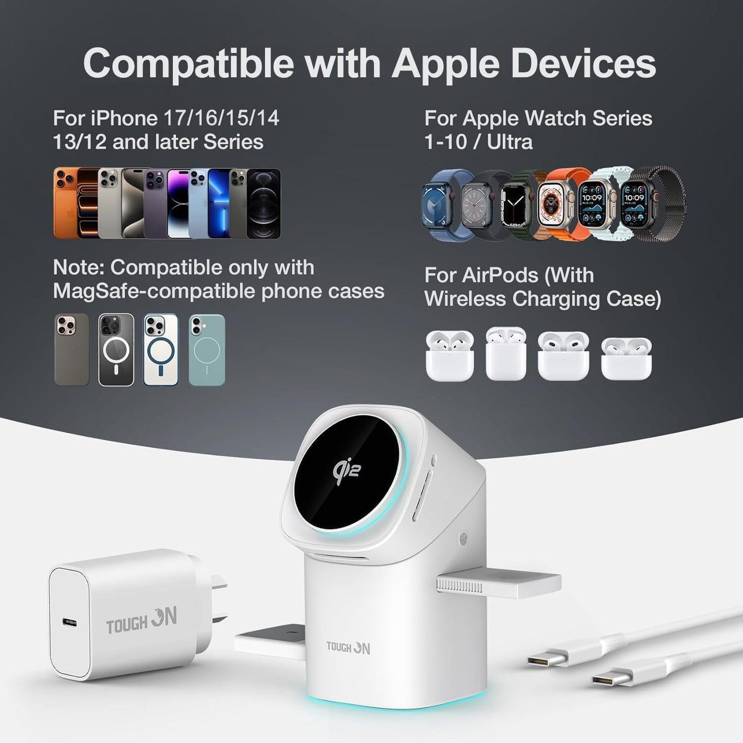 TOUGH ON Induction Chargers Qi2 3-in-1 Wireless Charging Station for DEMO