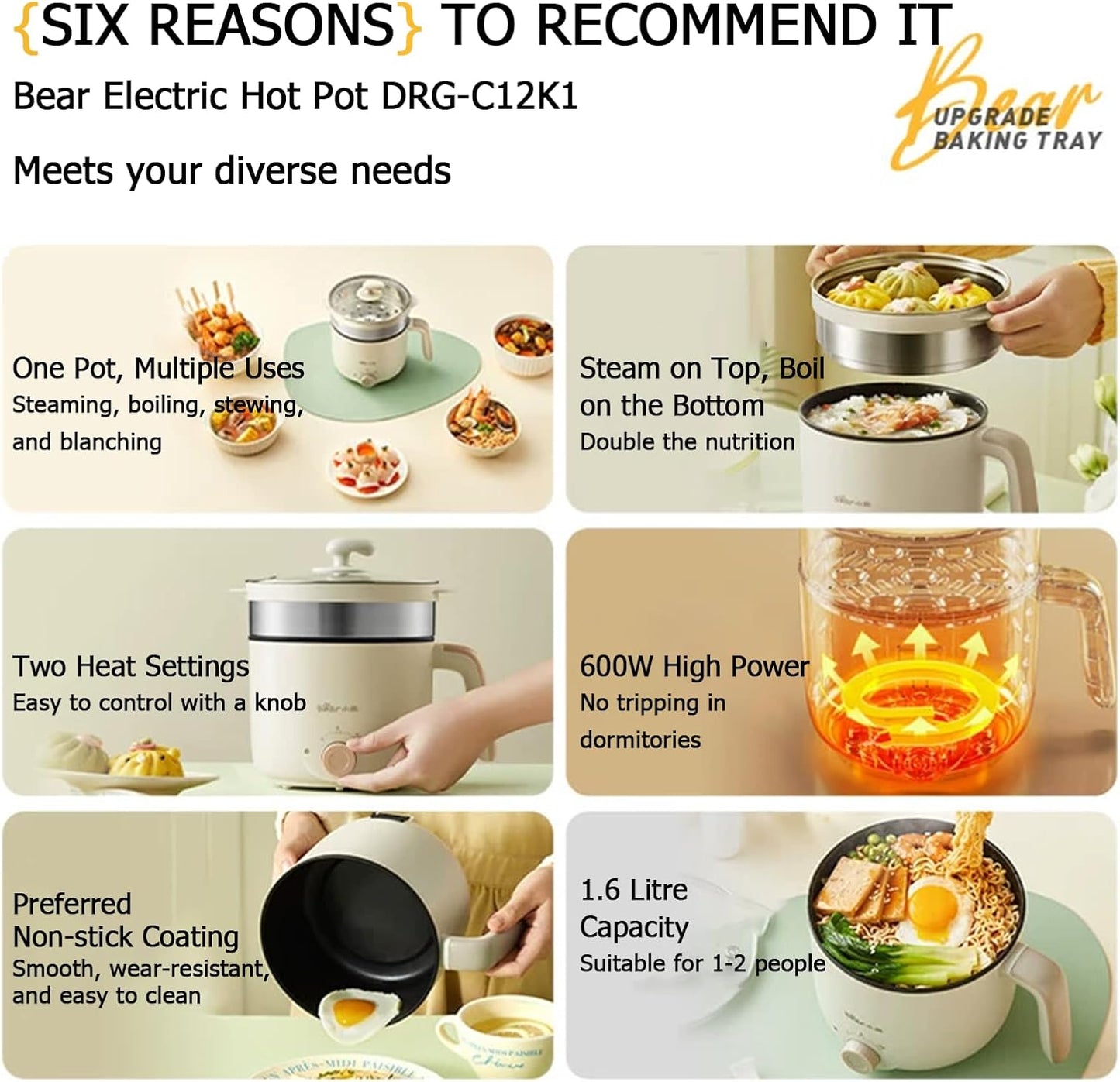 TECHBEAR 1.2L Electric Steamer Pot with Nonstick Coating for Ramen Cooking DEMO