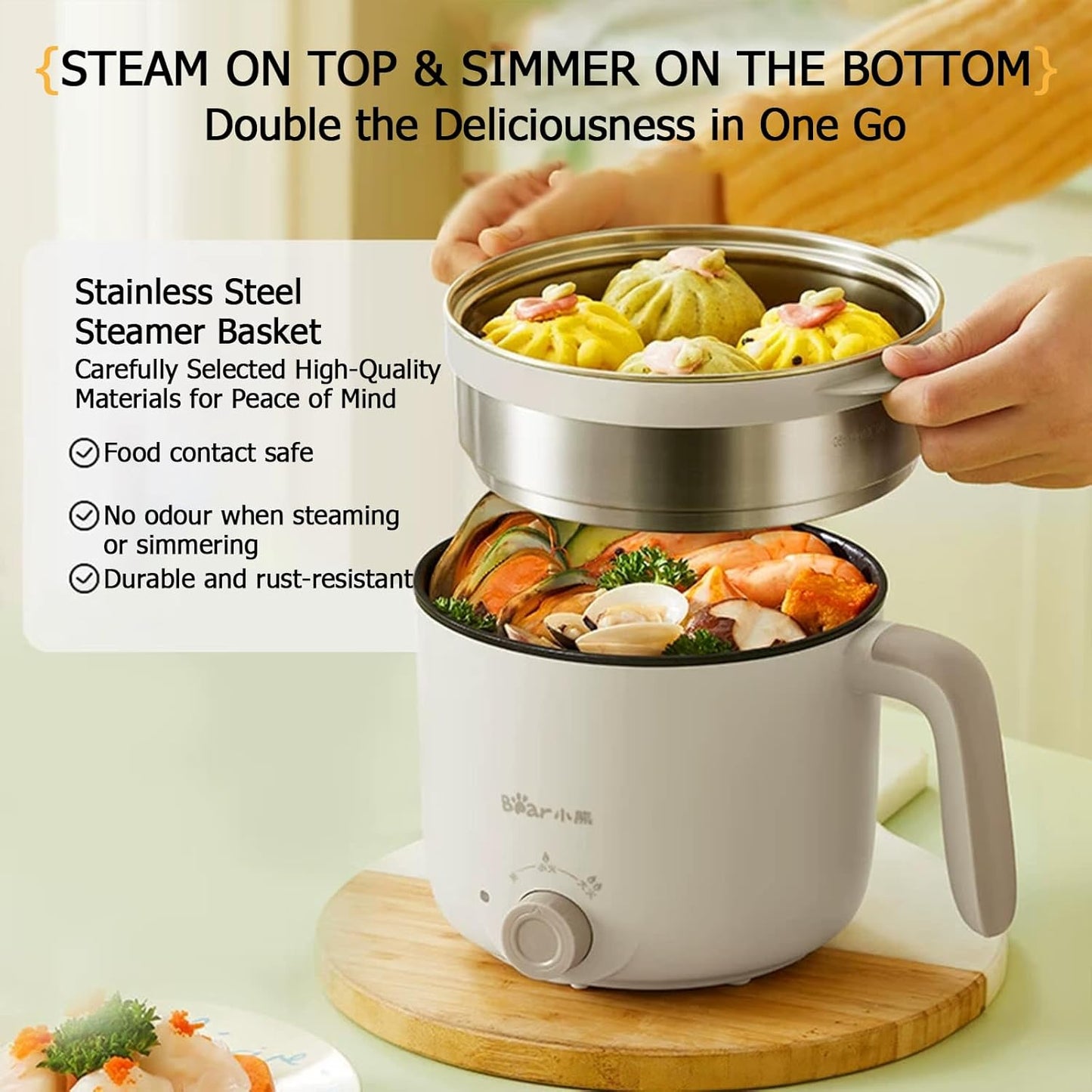 TECHBEAR 1.2L Electric Steamer Pot with Nonstick Coating for Ramen Cooking DEMO