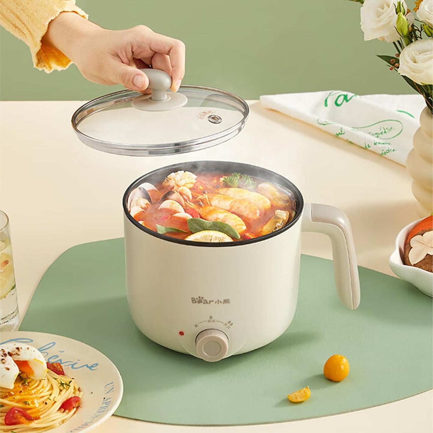 TECHBEAR 1.2L Electric Steamer Pot with Nonstick Coating for Ramen Cooking DEMO