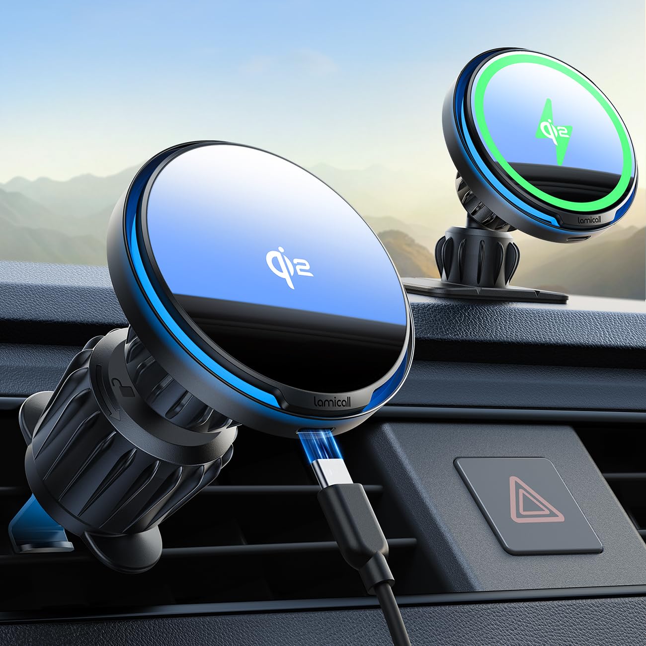 Lamicall 15W Automobile Chargers Wireless Car Charger Mount 360° RGB LED DEMO