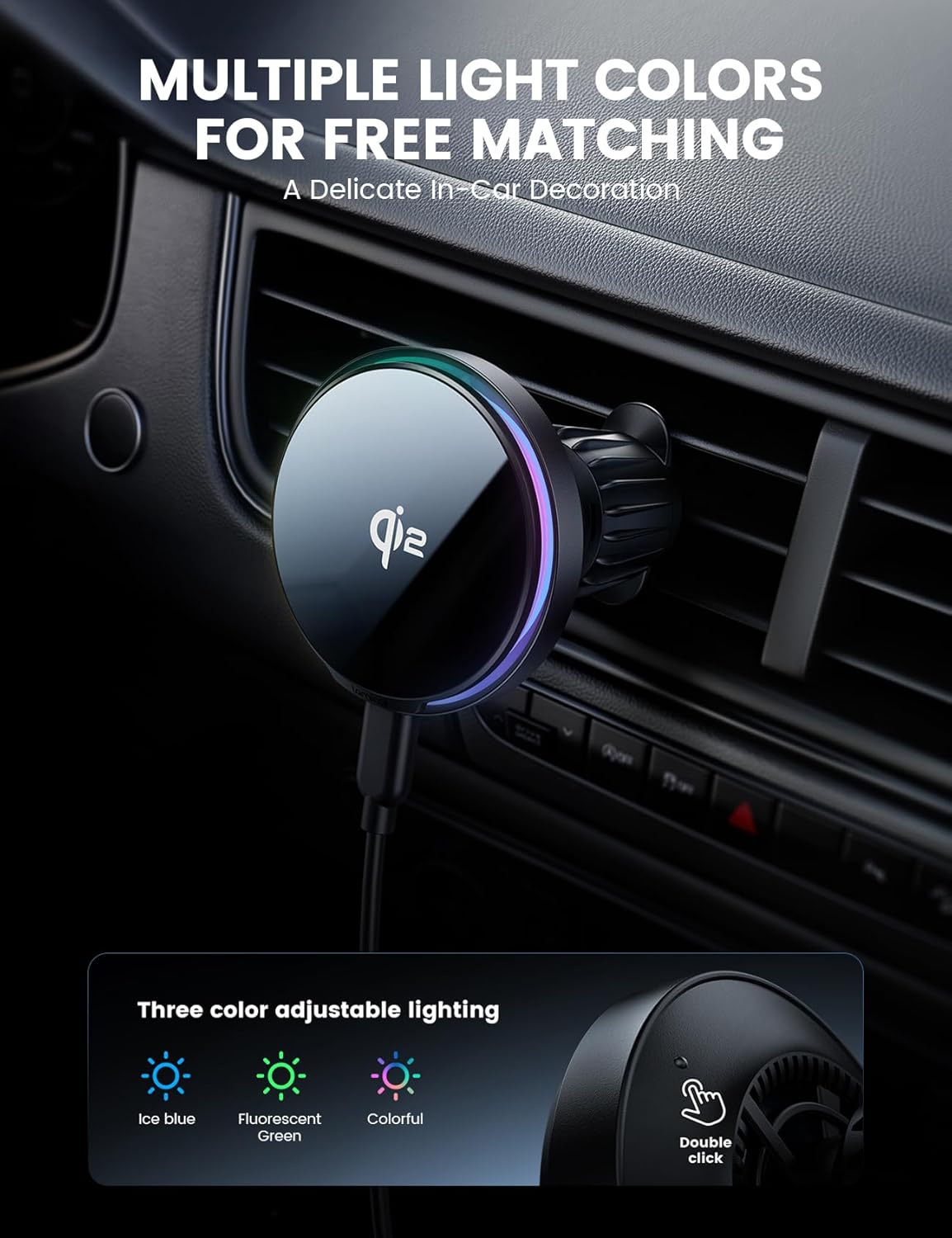 Lamicall 15W Automobile Chargers Wireless Car Charger Mount 360° RGB LED DEMO