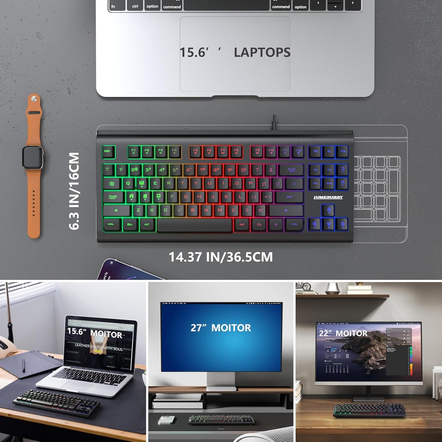 Lumsburry 87-Key Compact Wired USB Gaming Keyboard with Rainbow LED DEMO