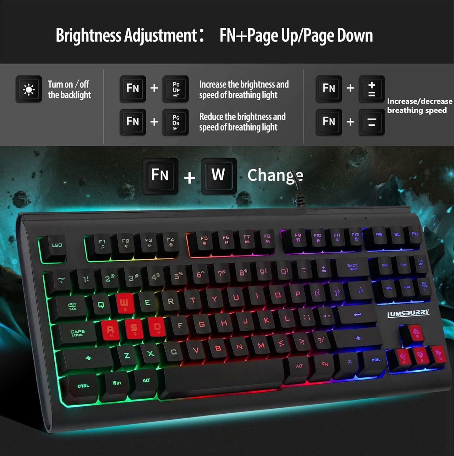 Lumsburry 87-Key Compact Wired USB Gaming Keyboard with Rainbow LED DEMO