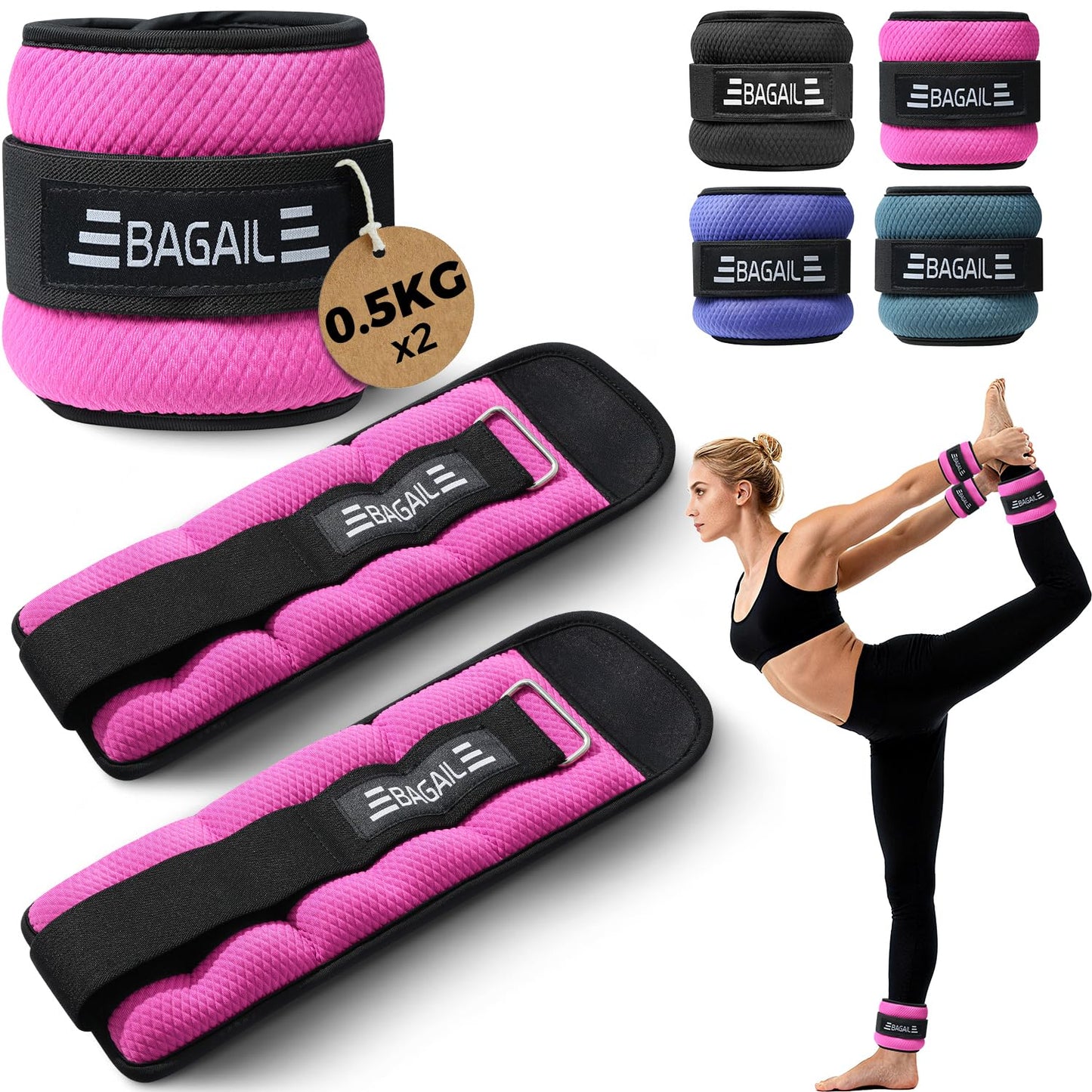 BAGAIL Wrist & Ankle Weights, Secure Fit, 0.5kg/1.1lb x 2, Sleek Design, DEMO