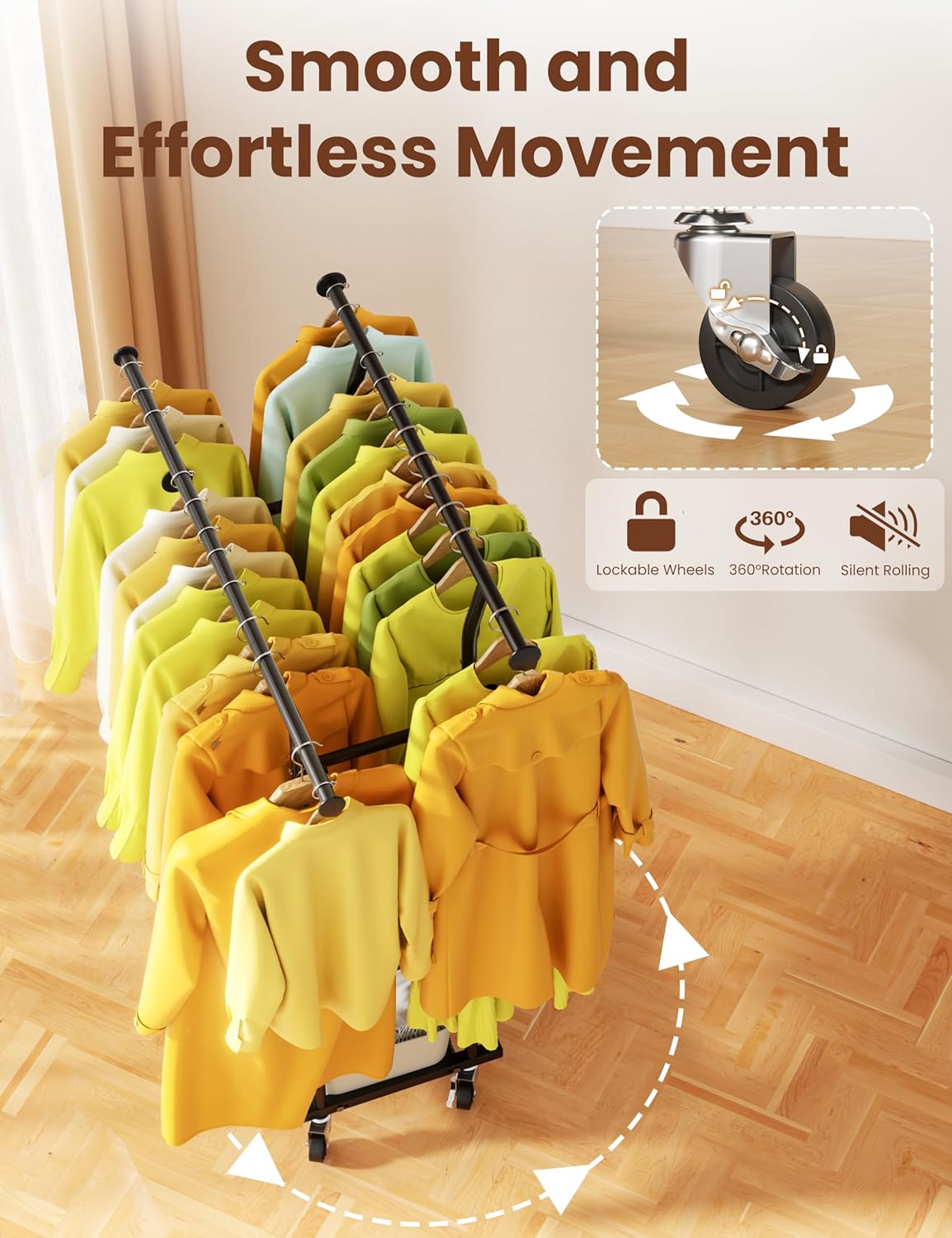 SteelStorm Rolling Clothing Rack with Wheels - Sturdy Metal Coat in Yellow DEMO