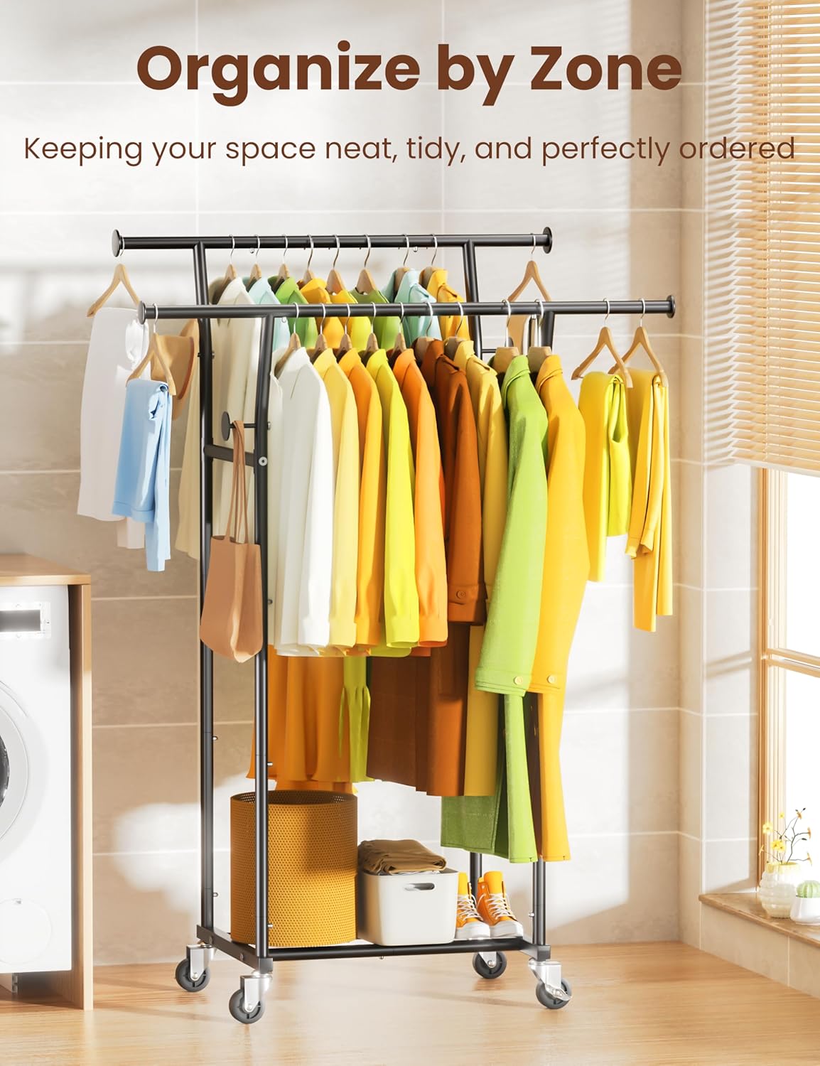 SteelStorm Rolling Clothing Rack with Wheels - Sturdy Metal Coat in Yellow DEMO