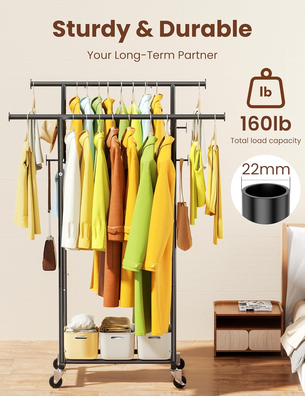 SteelStorm Rolling Clothing Rack with Wheels - Sturdy Metal Coat in Yellow DEMO