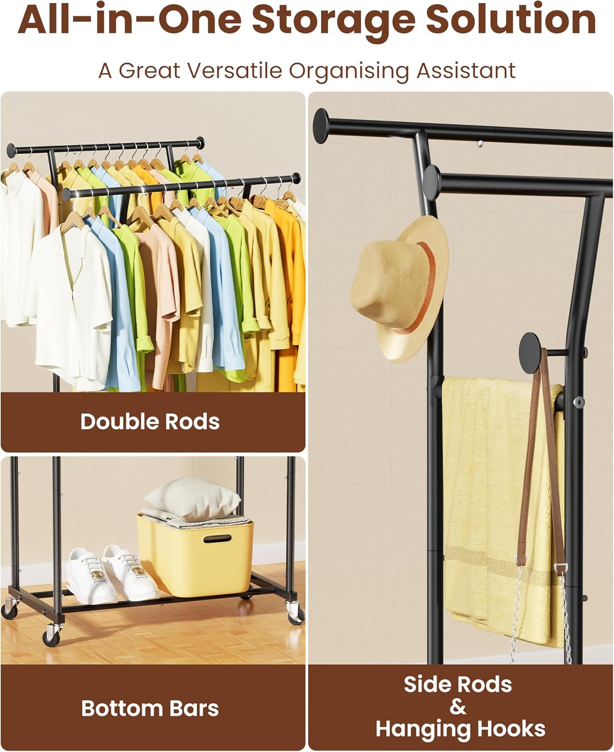 SteelStorm Rolling Clothing Rack with Wheels - Sturdy Metal Coat in Yellow DEMO