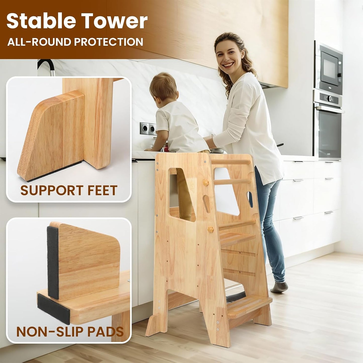 Timkos Toddler Learning Tower Step Stool - Natural Wood Kids Kitchen Helper DEMO