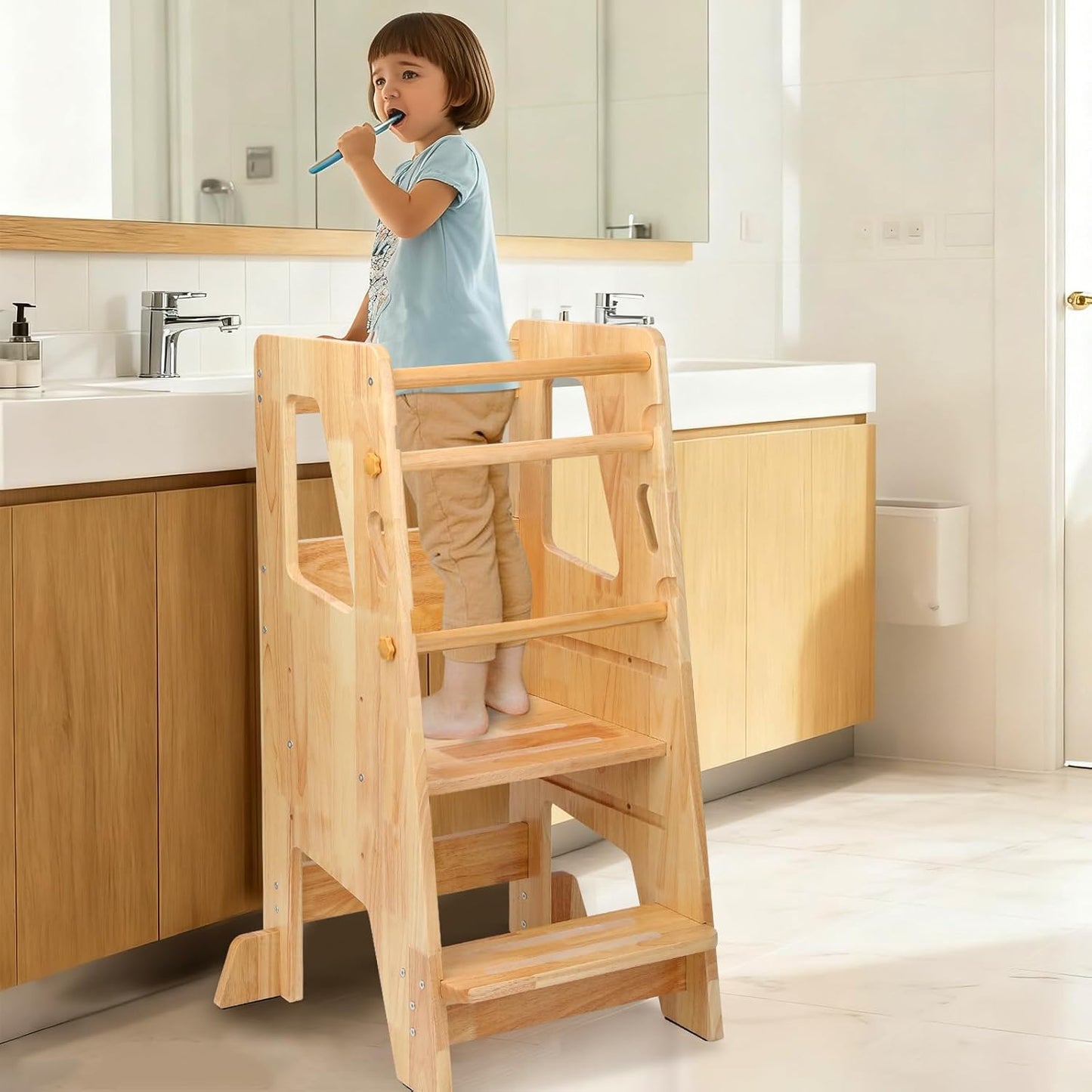 Timkos Toddler Learning Tower Step Stool - Natural Wood Kids Kitchen Helper DEMO