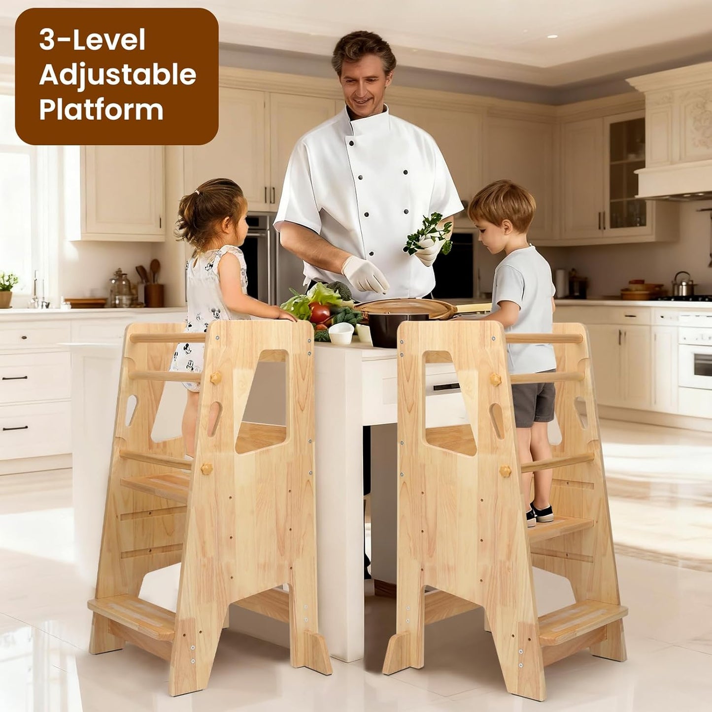 Timkos Toddler Learning Tower Step Stool - Natural Wood Kids Kitchen Helper DEMO