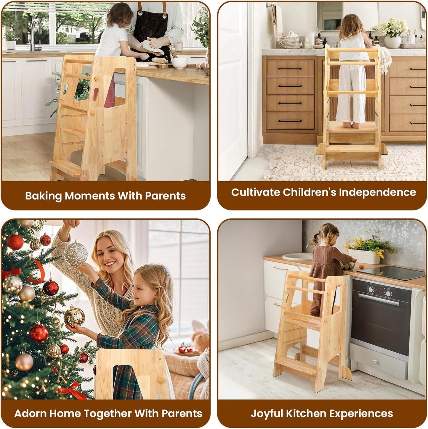 Timkos Toddler Learning Tower Step Stool - Natural Wood Kids Kitchen Helper DEMO