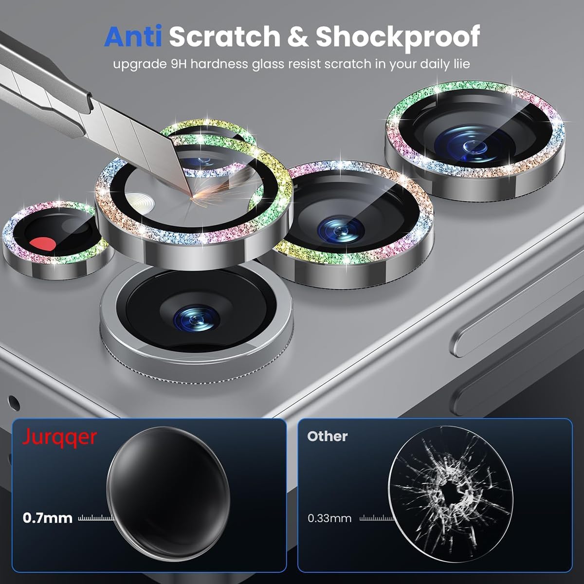 Jurqqer Glitter Colorful Lens Protector Tempered Glass Aviation Aluminum DEMO