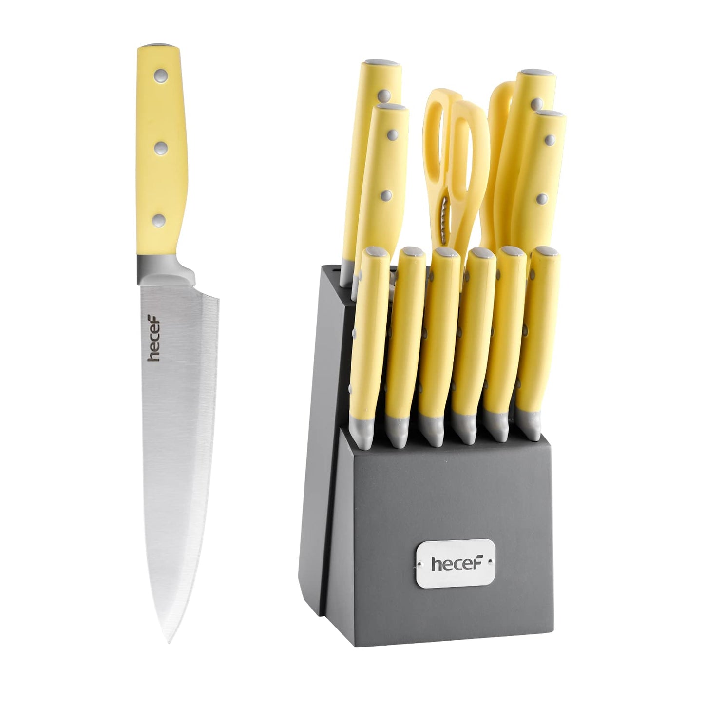 hecef 14-Piece Kitchen Knife Set with Wooden Block and Sharpener Yellow NEW