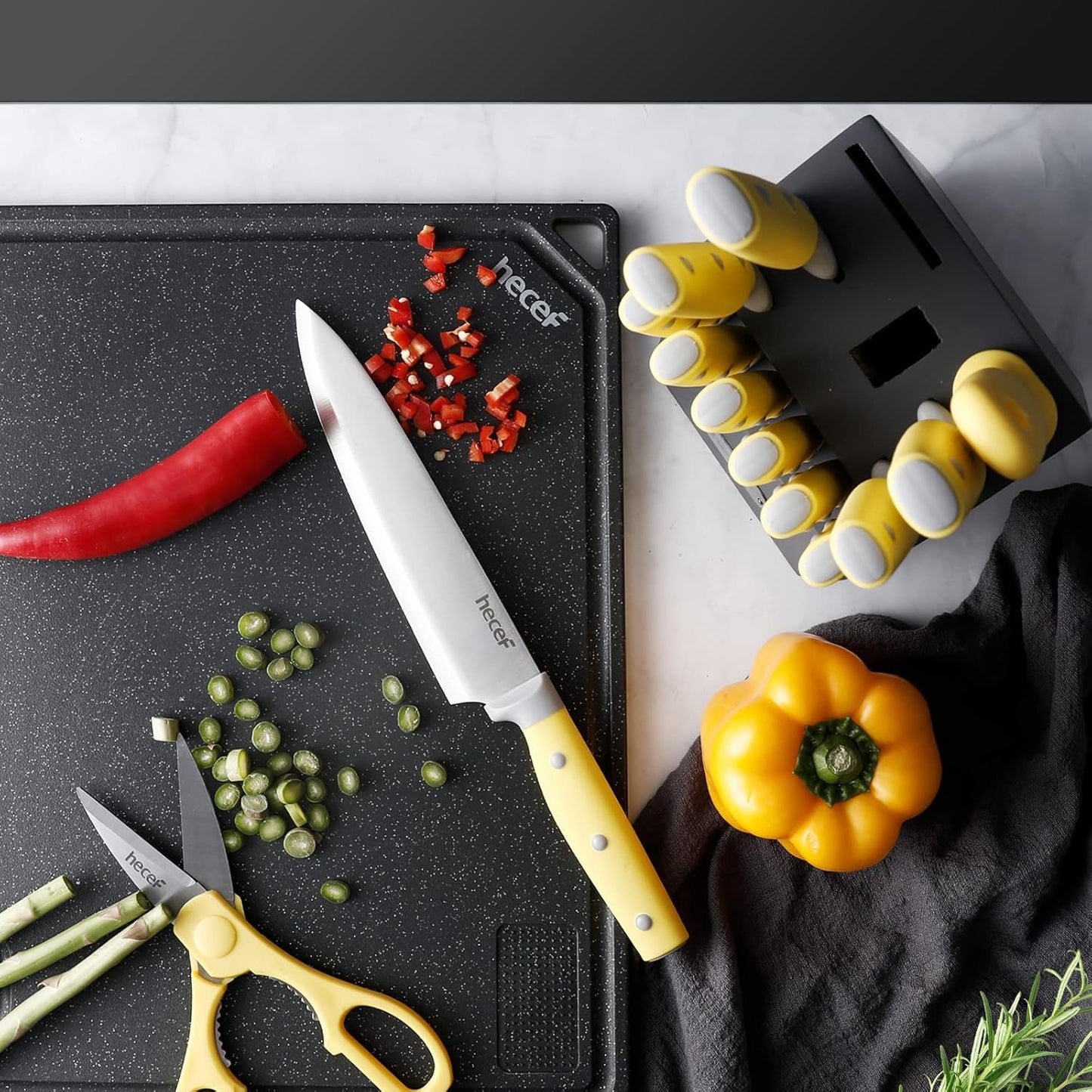 hecef 14-Piece Kitchen Knife Set with Wooden Block and Sharpener Yellow NEW