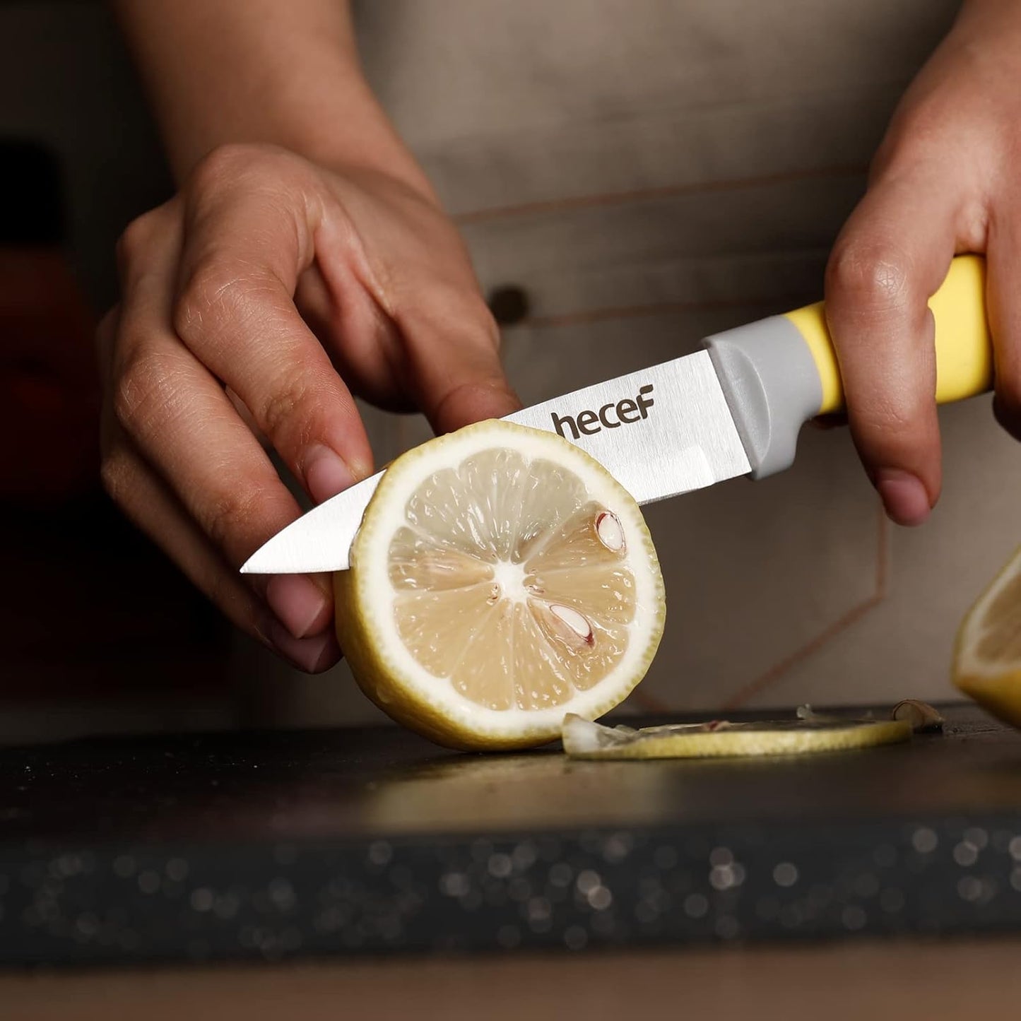 hecef 14-Piece Kitchen Knife Set with Wooden Block and Sharpener Yellow NEW