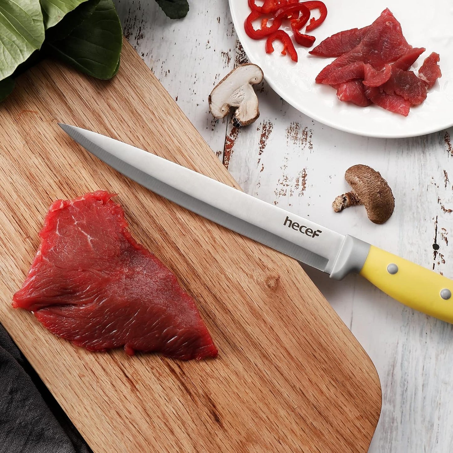 hecef 14-Piece Kitchen Knife Set with Wooden Block and Sharpener Yellow NEW