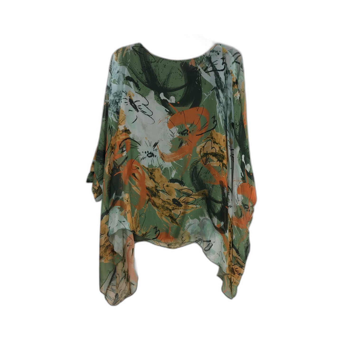 Unknown Floral Print Sheer Silk Blouse Green Orange Black White Size M