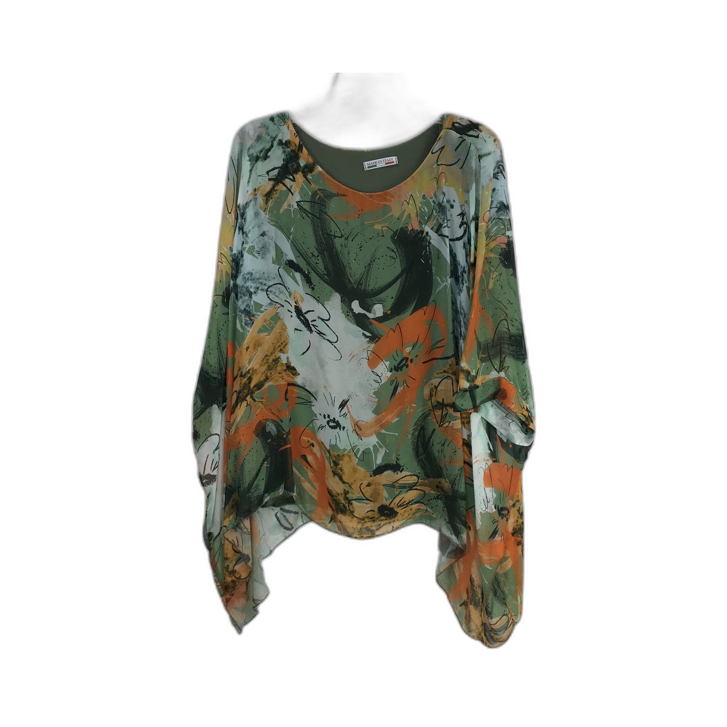 Floral Print Sheer Silk Blouse Green Orange Made In Italy Tank Top Underlay Size M