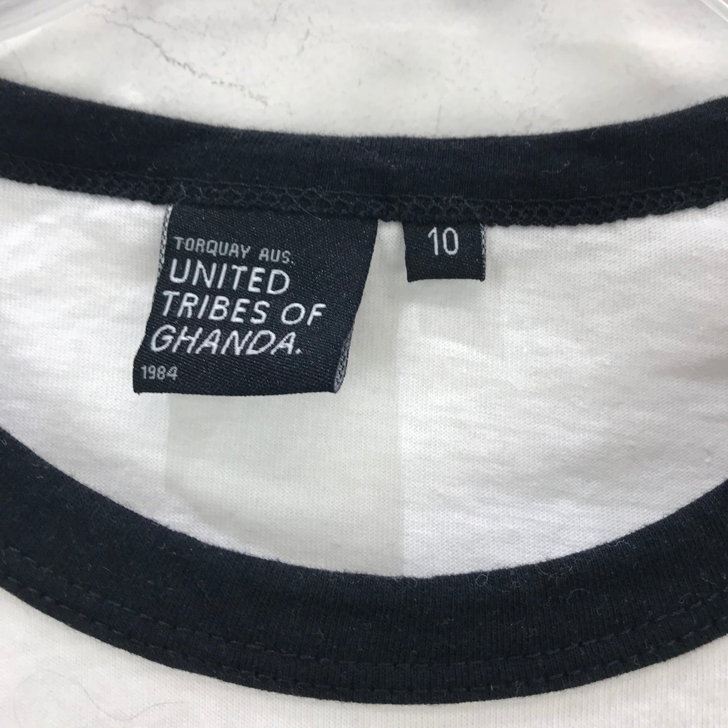 United Tribes of Ghanda Graphic T-Shirt White with Black Trim Cotton Size 10