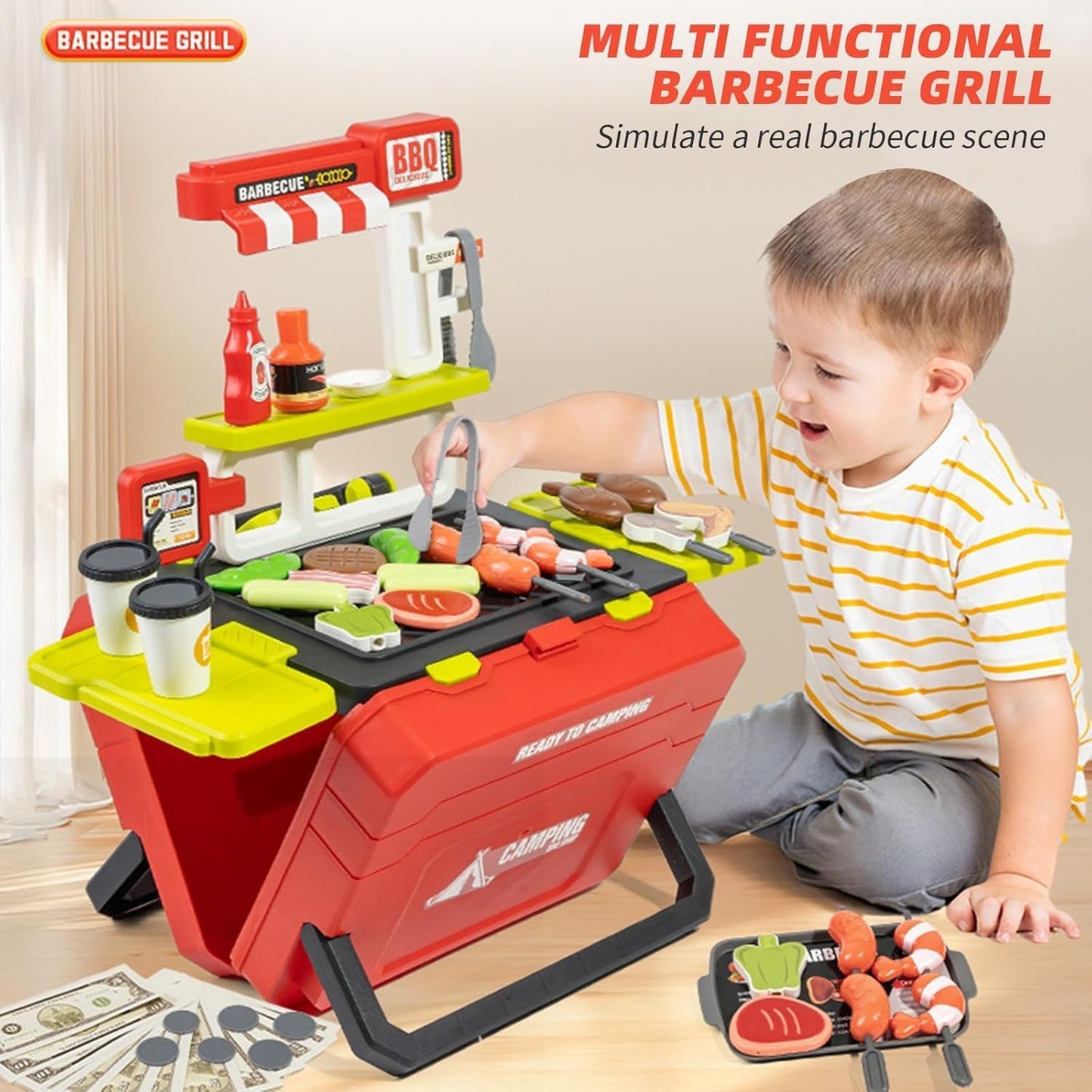 HUAJUN Kids Play Kitchen Toys 51 Piece Cookware Playset BBQ Grill Set Red NEW
