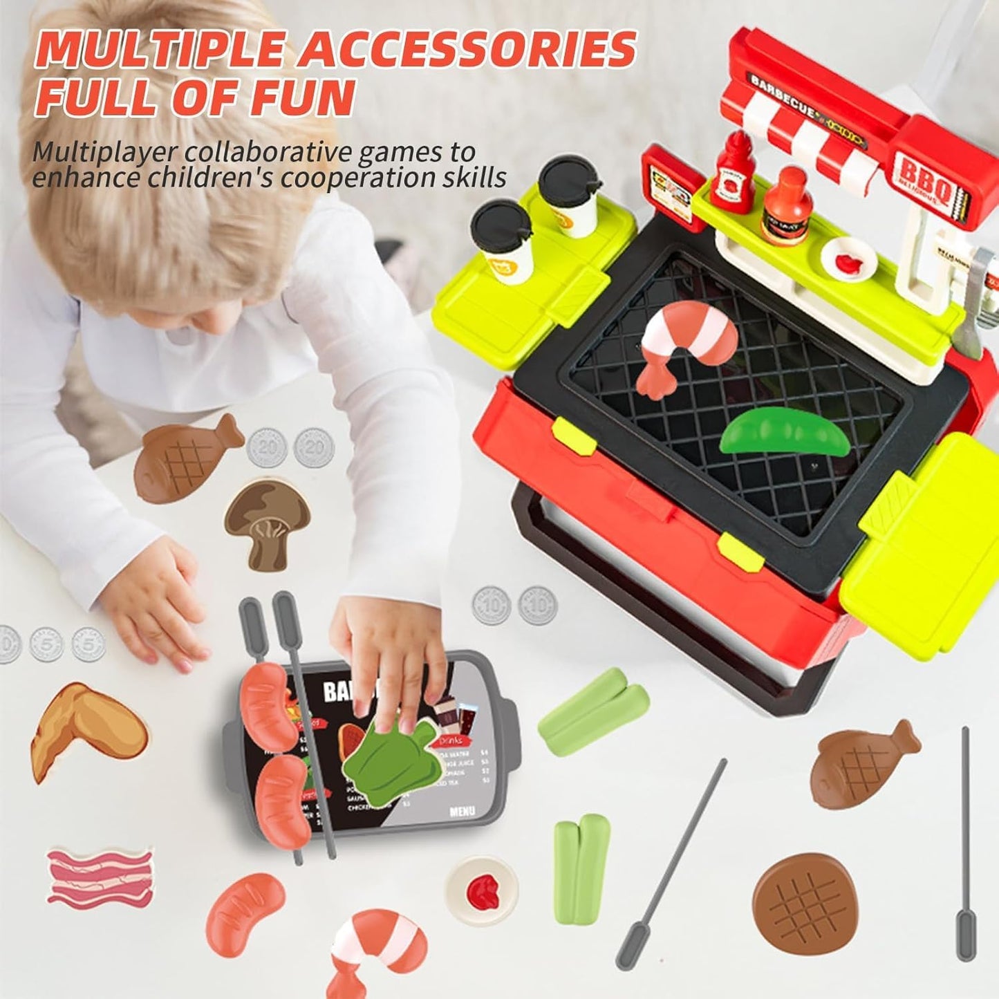 HUAJUN Kids Play Kitchen Toys 51 Piece Cookware Playset BBQ Grill Set Red NEW